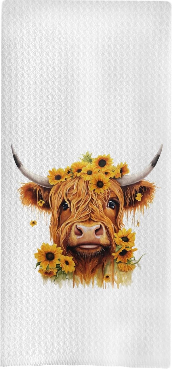 Sunflower Highland Cow Kitchen Towels 16x24 – Waffle Weave Absorbent Hand Towels for Kitchen & Bathroom Summer Farmhouse Decor